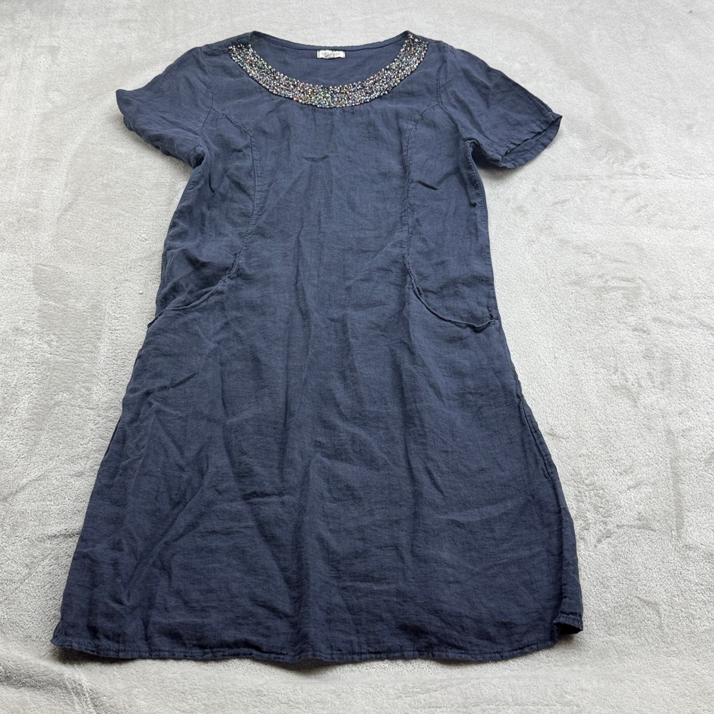 Lina Tomei Dress Womens M Blue Italian Linen Beaded Coastal Grandma Boho Artisan